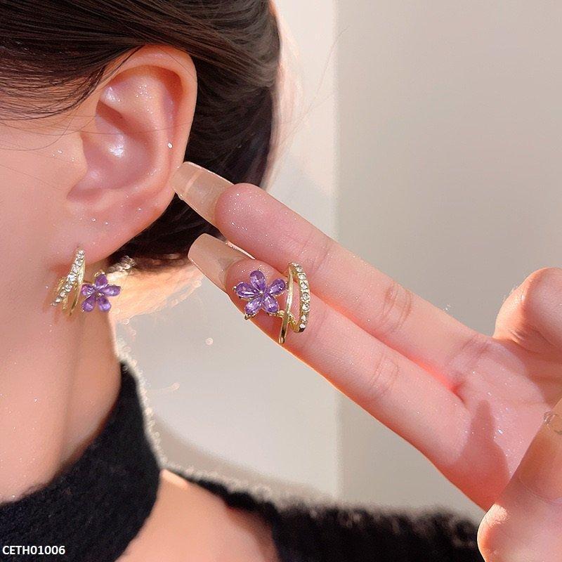 CETH01006 HJF Double Line Flower Stud Earring - CETH