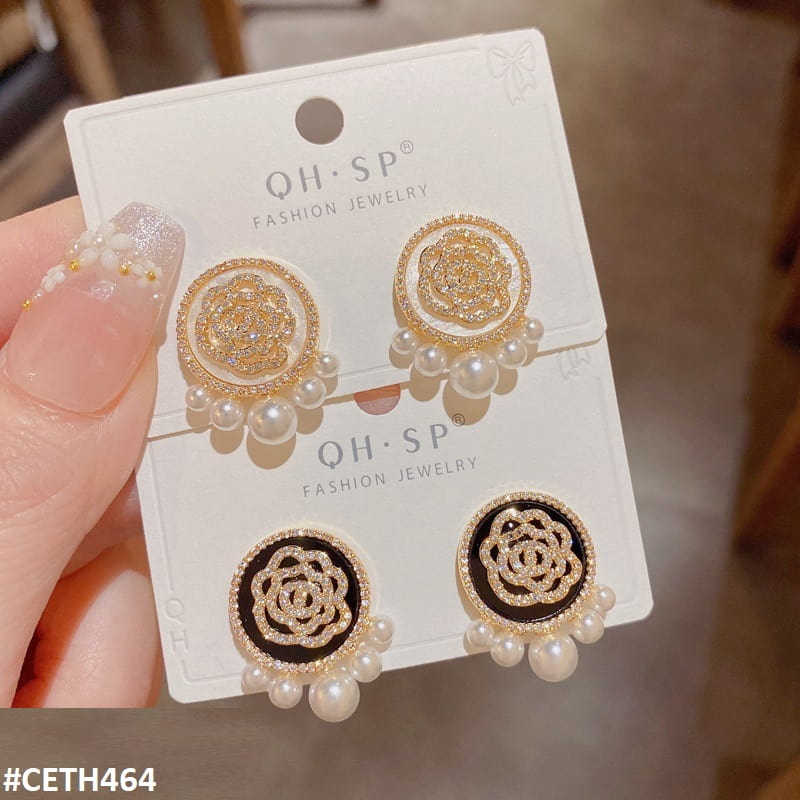 CETH464 ZHL Round Painted Flower Ear Stud Tops Pair - CETH