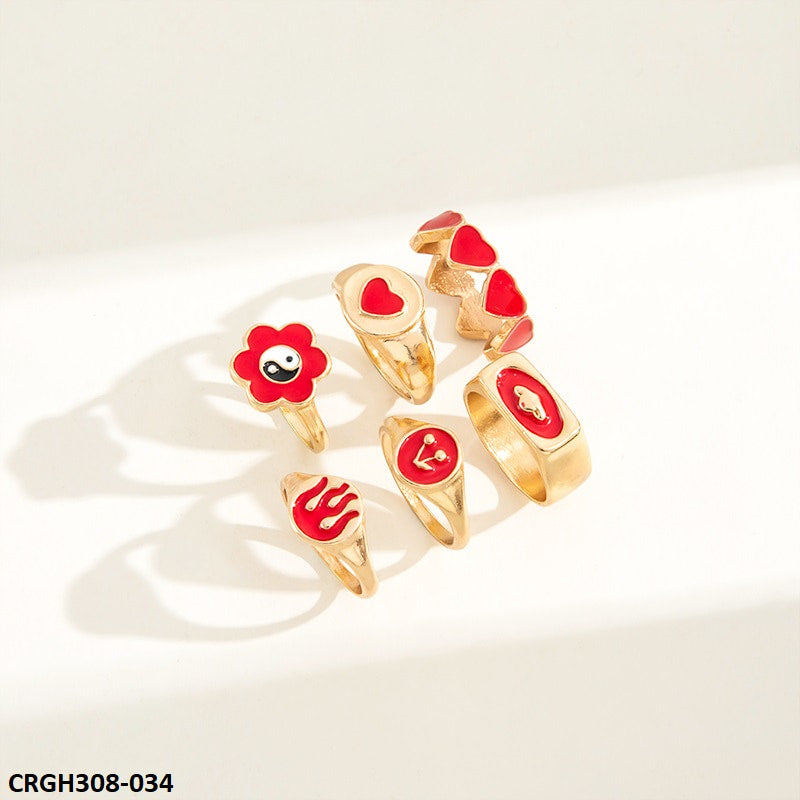 CRGH308 YPG Heart & Flower Painted 6 Rings - CRGH