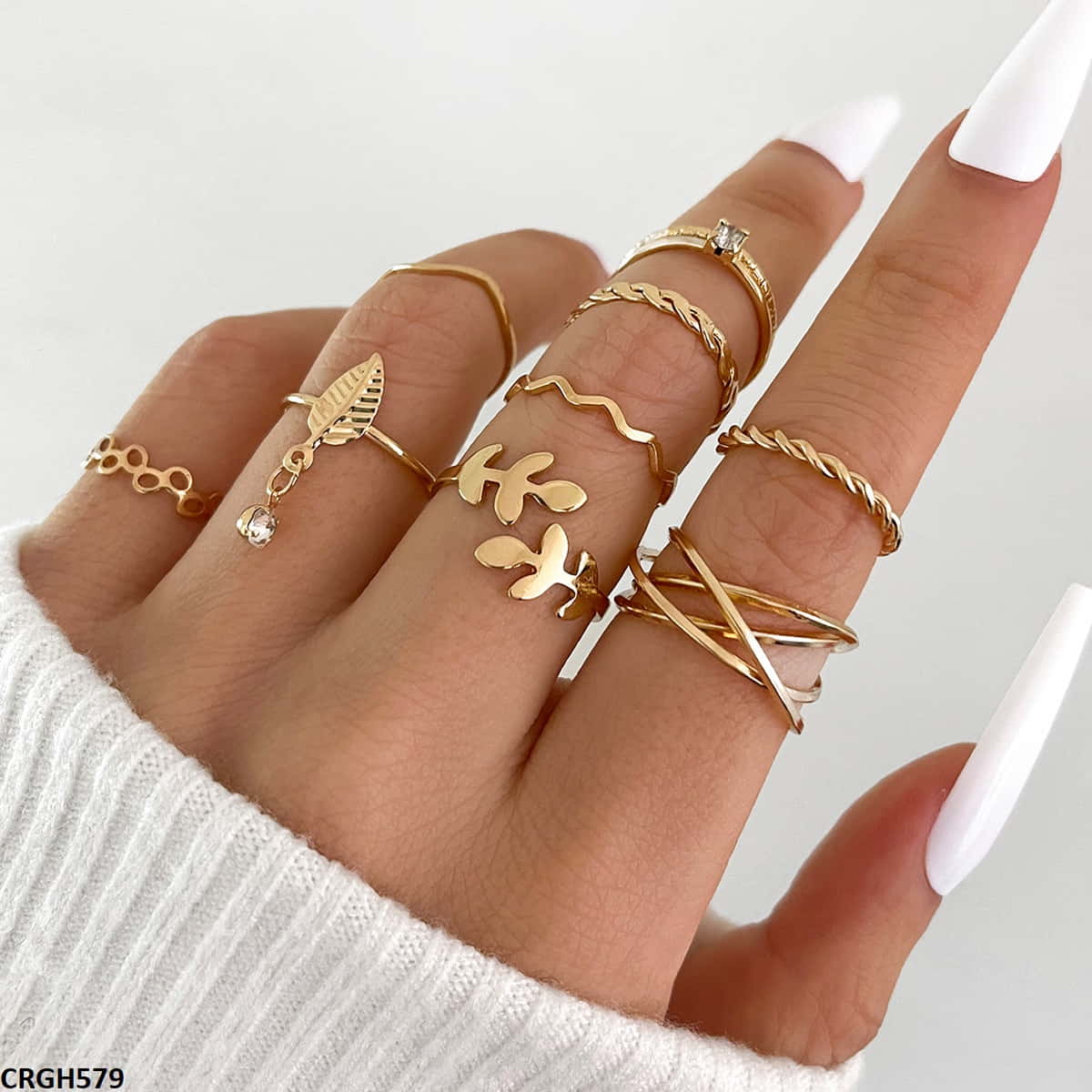 CRGH579 YPG Flower/Leaf 9 Midi Rings - CRGH