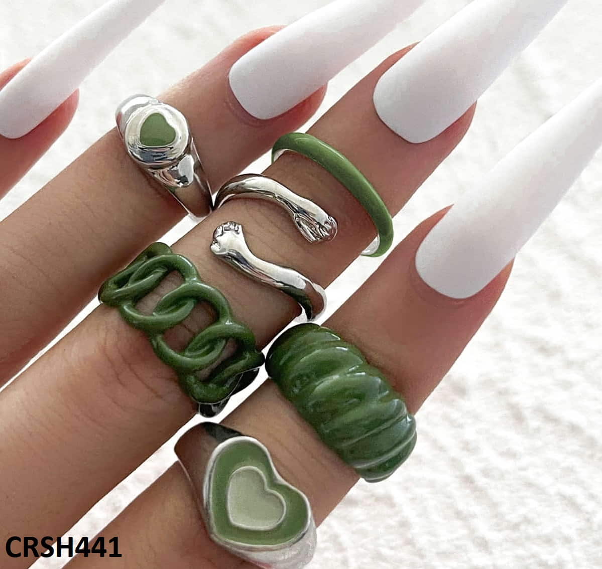 CRSH441 YPG Heart & Green 6 Midi Painted Rings - CRSH