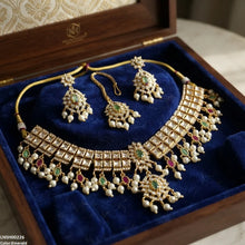 LNSH00226 ANI Flower Square Stone Pearl Drop Rajwari Necklace Set - LNSH
