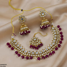 LNSH00233 ANI Square/Oval Stone Pearl Drop Rajwari Necklace Set - LNSH