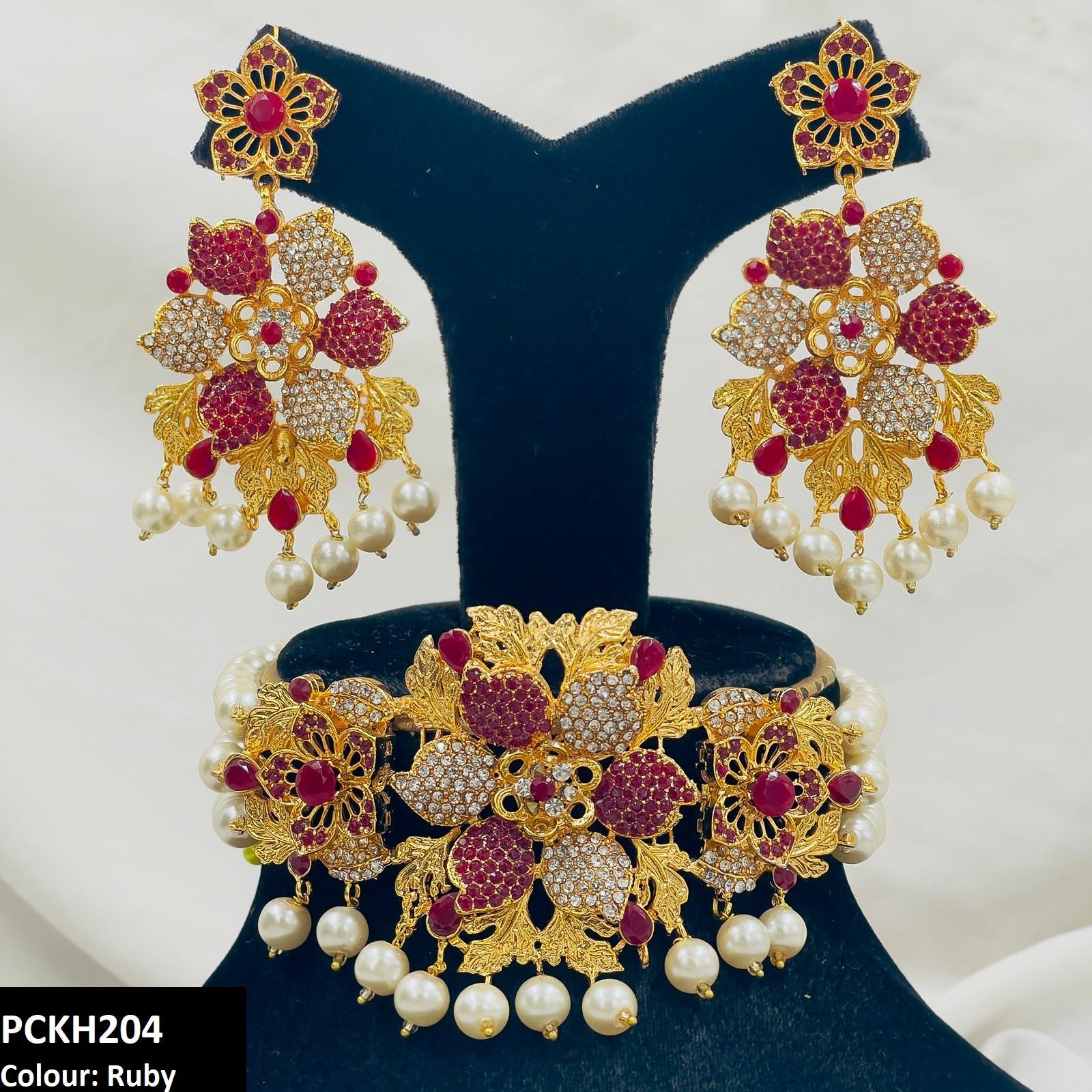 PCKH204 FRN Leaf Flower Choker Set - PCKH