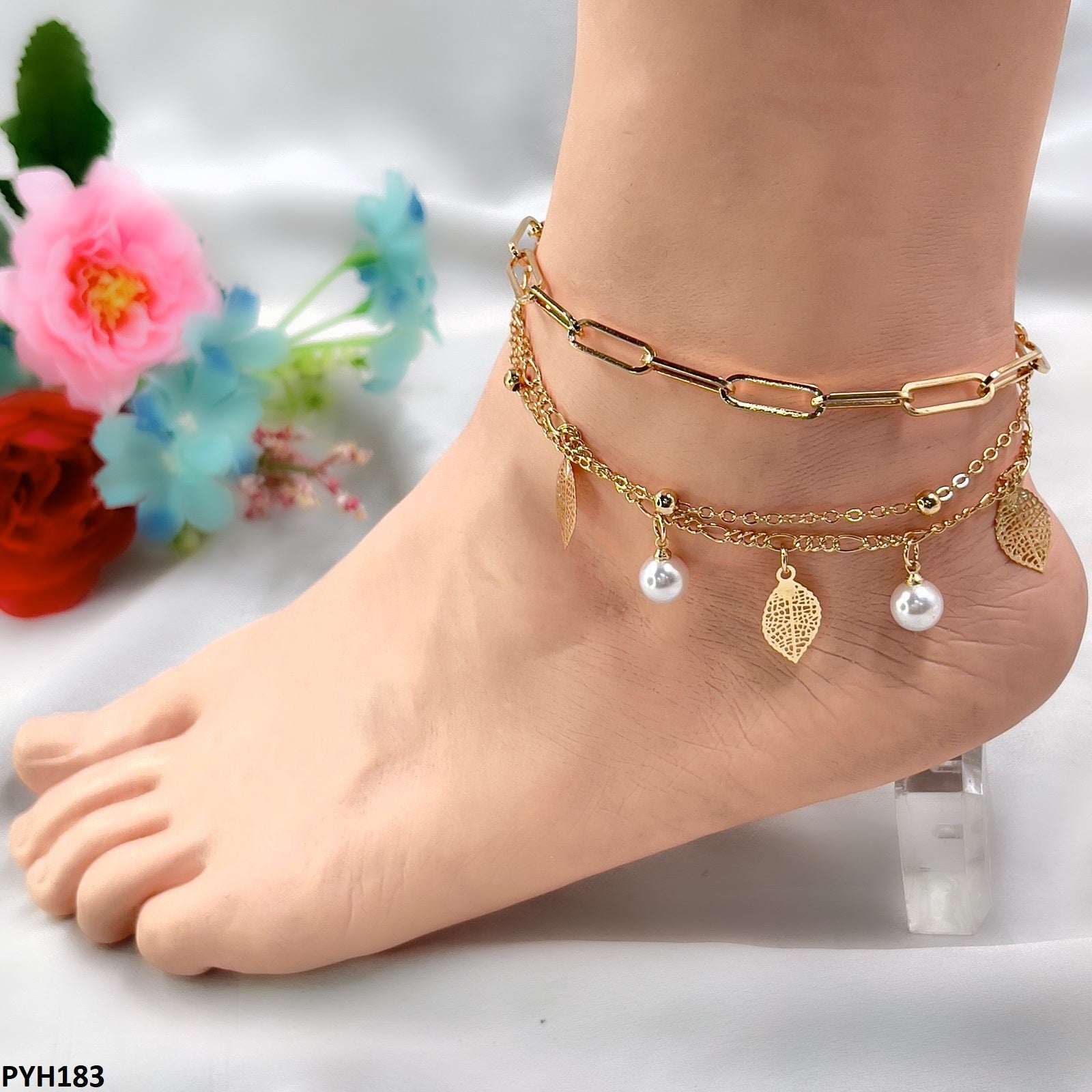 PYH183 WXD Leaf/Pearl Anklet Single- PYH