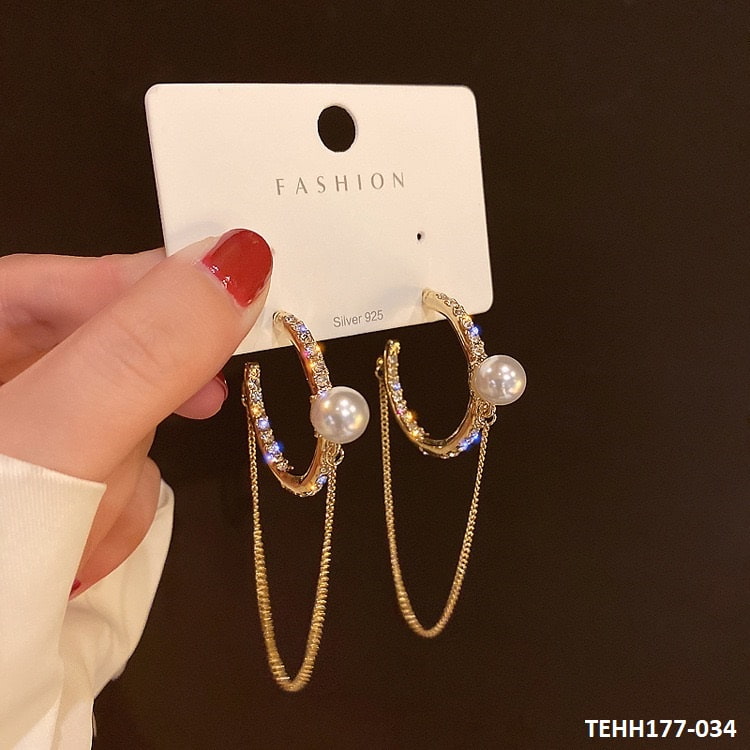 TEHH177 SYB Round Pearl Chain Drop Hoops Pair - CEHH