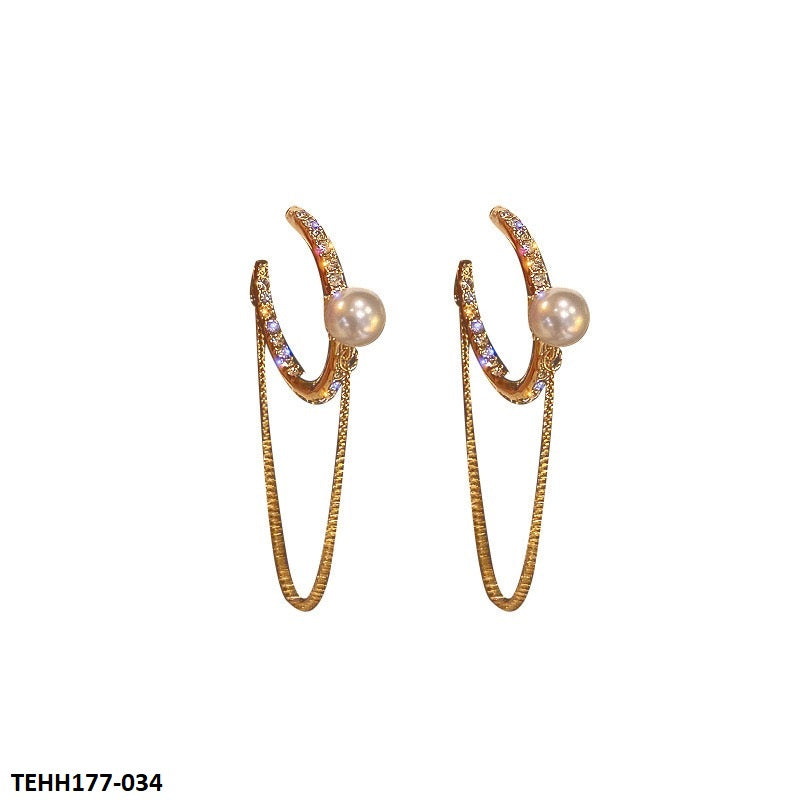 TEHH177 SYB Round Pearl Chain Drop Hoops Pair - CEHH