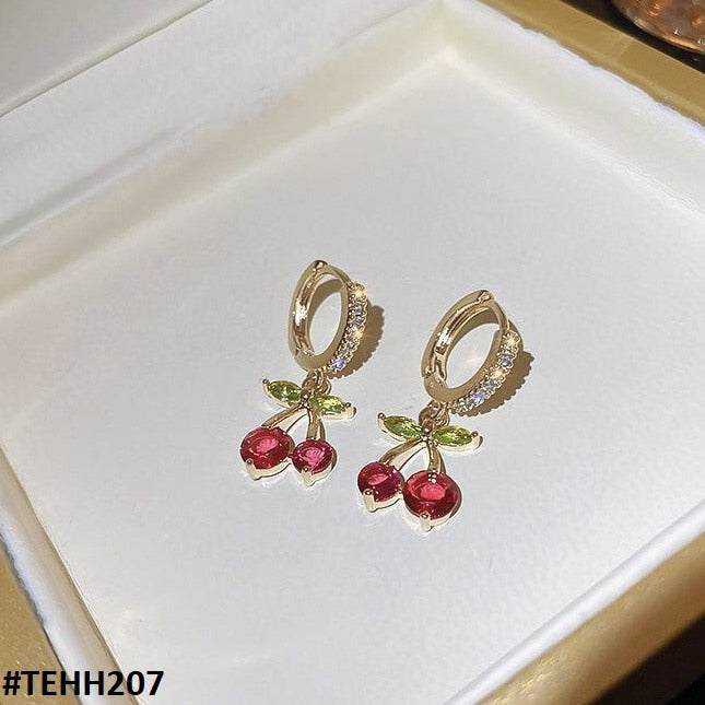 TEHH207 ZHL Cherries Leaf Ear Hoop Pair - CEHH