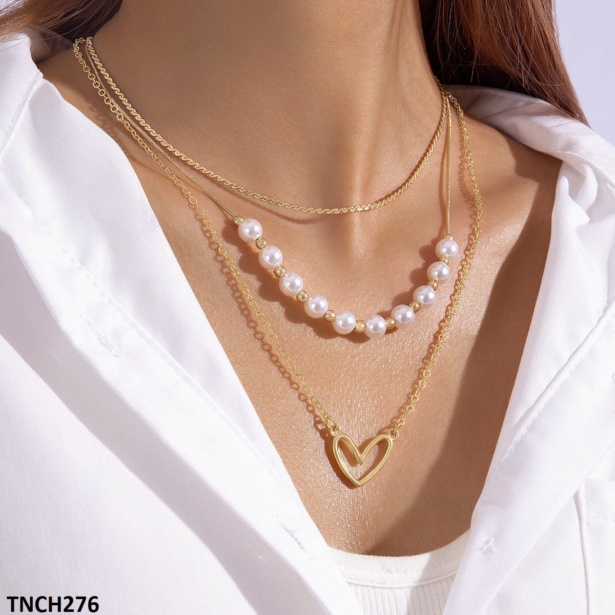 TNCH276 YYE Heart/Pearl Round Chain Necklace - TNCH