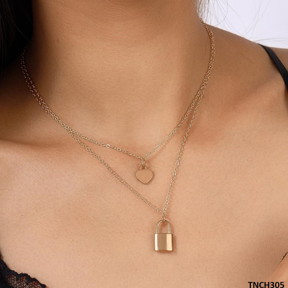 TNCH305 YYE Double Chain Lock/Heart Drop Necklace - TNCH