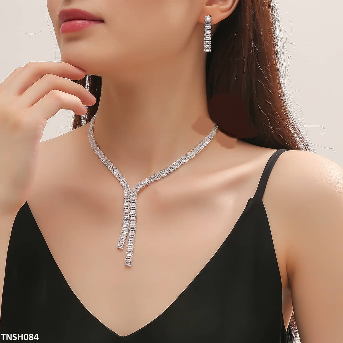 TNSH084 YJJ Baguette Tassels Necklace Set - TNSH