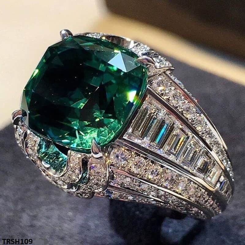 TRSH109 CSH Green Cushion Cathedral Ring - TRSH
