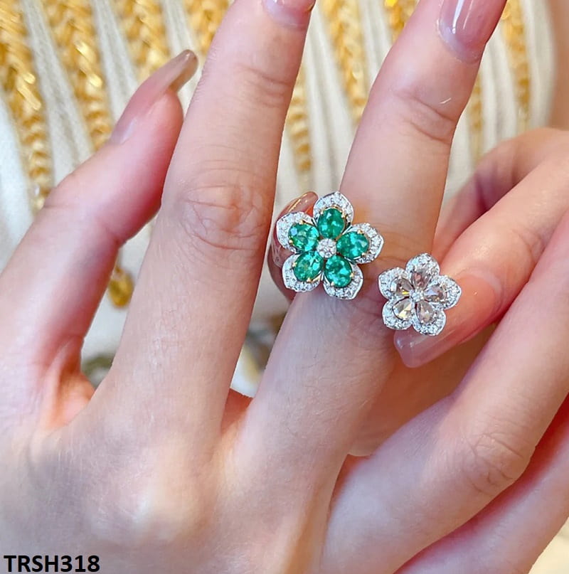 TRSH318 CJD Green/White Flower Adjustable Ring - TRSH