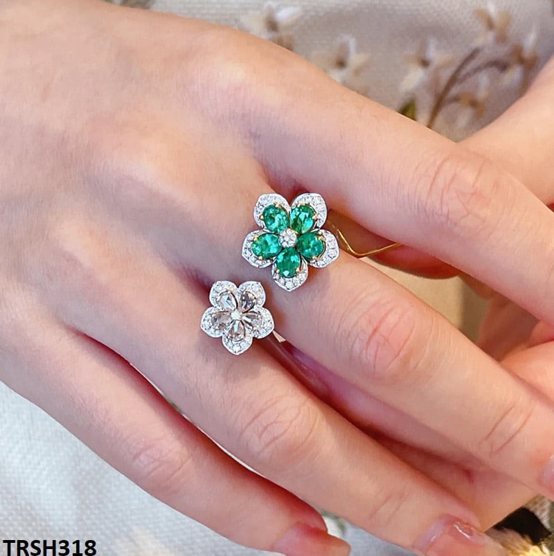 TRSH318 CJD Green/White Flower Adjustable Ring - TRSH